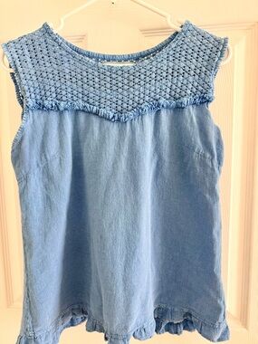 Unique Sleeveless Light Blue Crochet Yoke Top